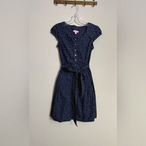 Lilly Pulitzer Dress Womens Navy Polka Dot Fit Flare Cotton Lined Size 2